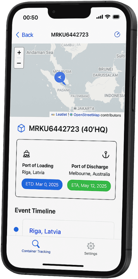 Container Tracking App on iPhone showing a container's live location, port of loading, port of discharge and ETA